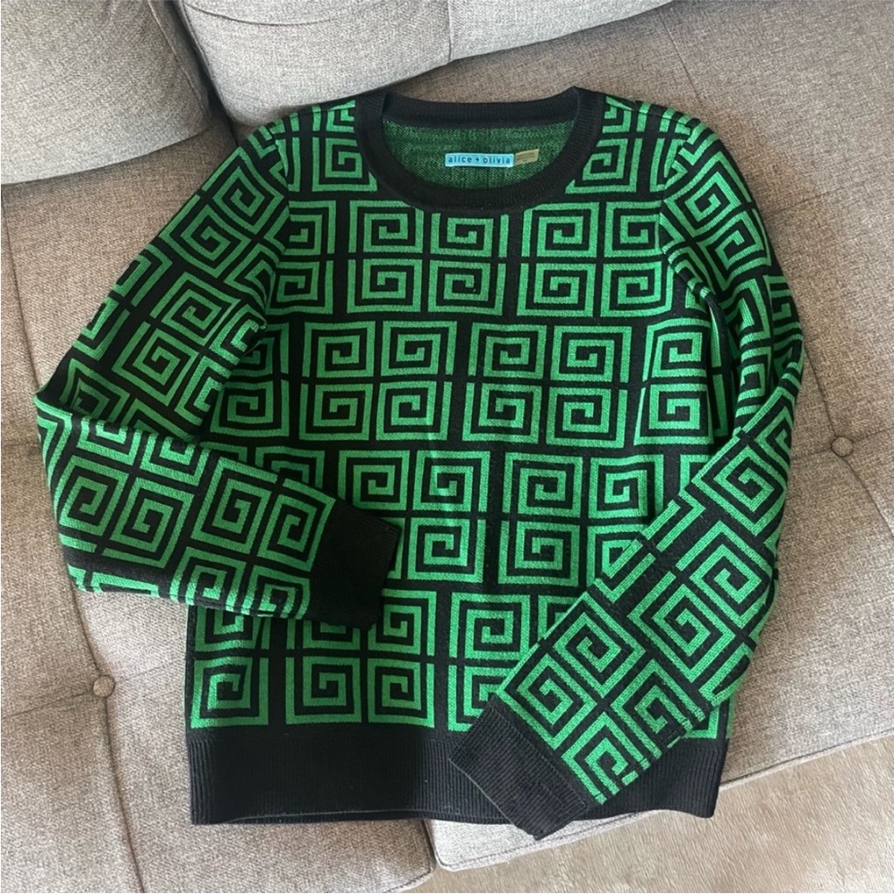 Alice + Olivia Nadia Greek Key Geometric Sweater Merino Wool Medium Black Green